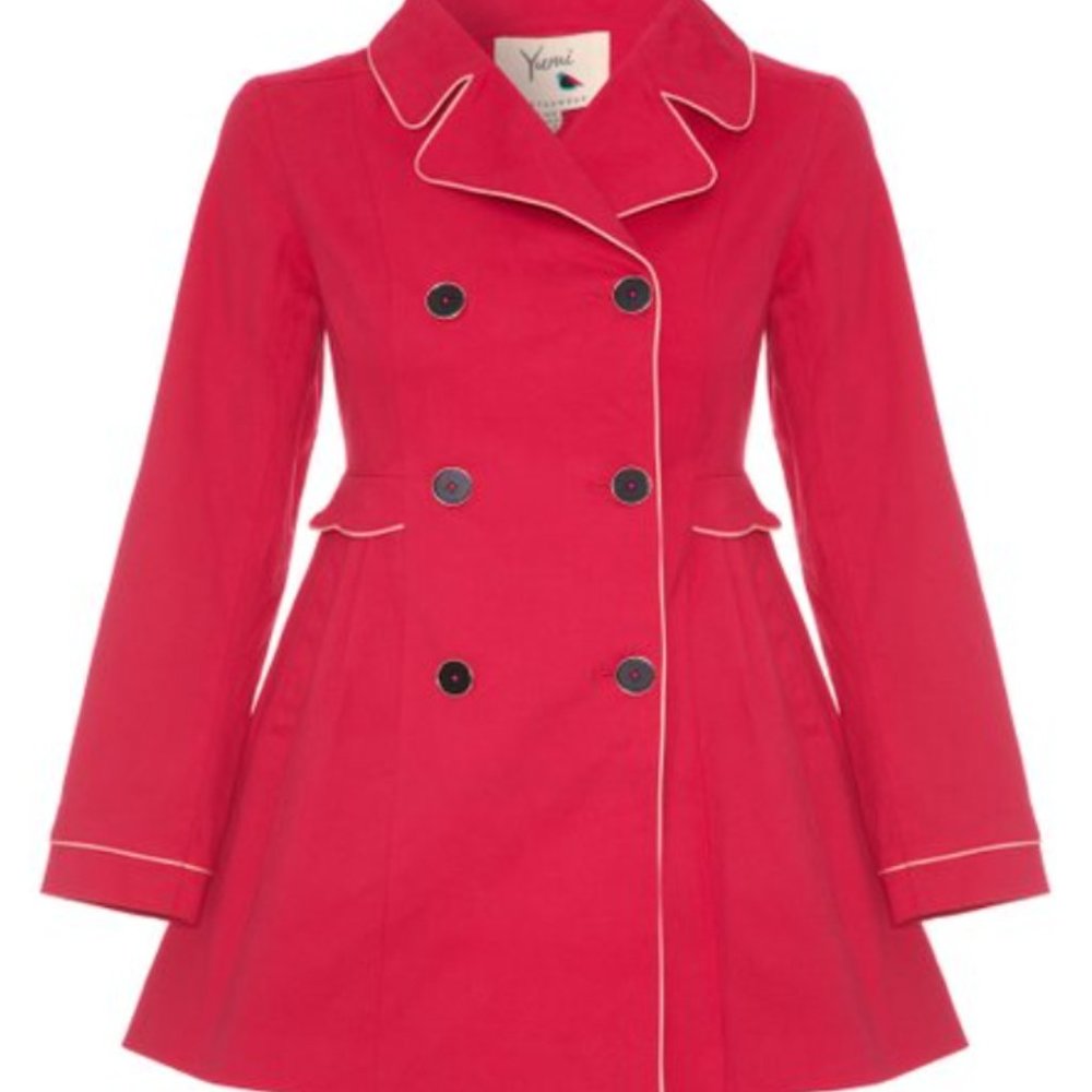Yumi red trench coat with scalloping and piping